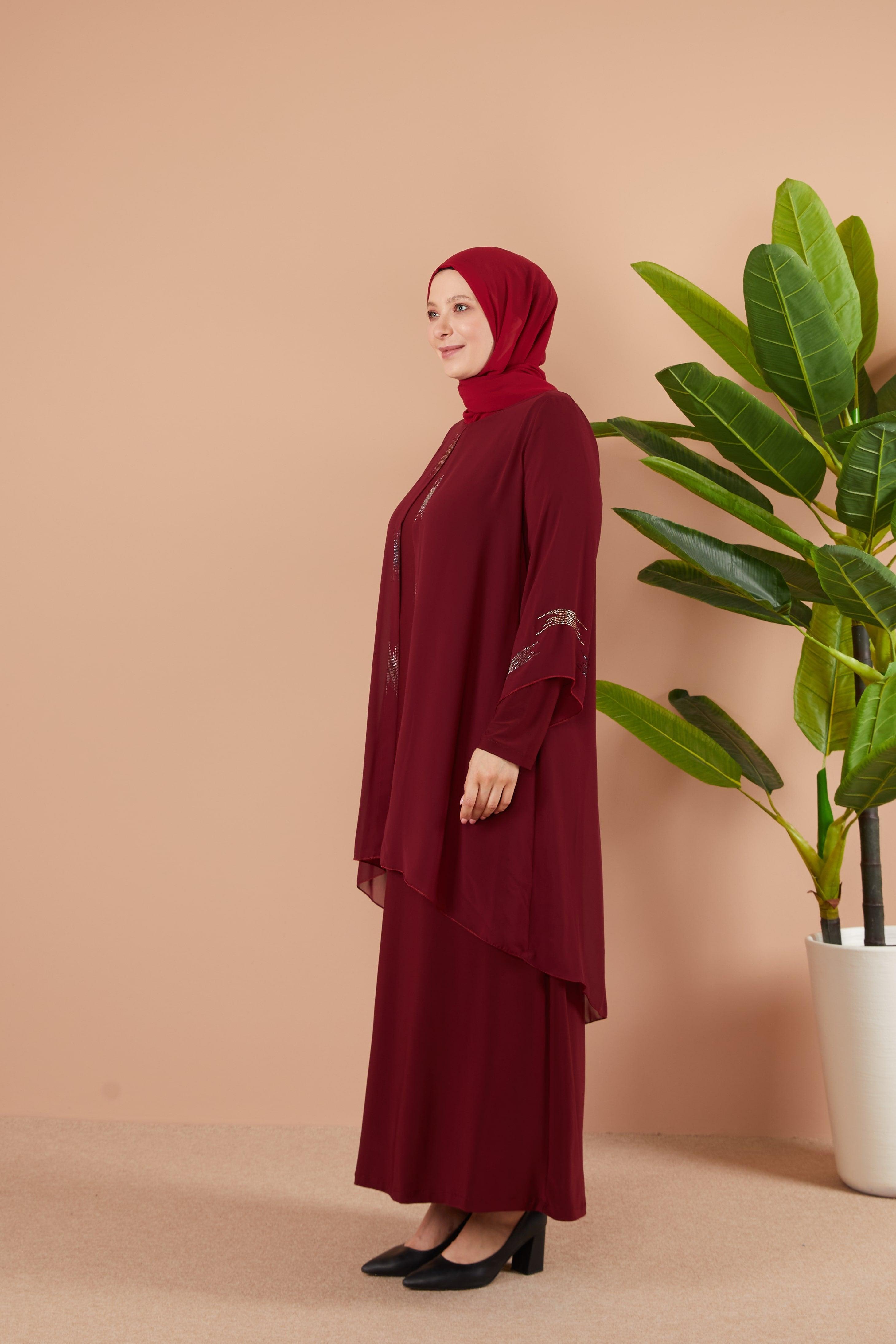 Önü ve Arkası Şifonlu Taş Detaylı Büyük Beden Sendi Elbise Bordo | 801317