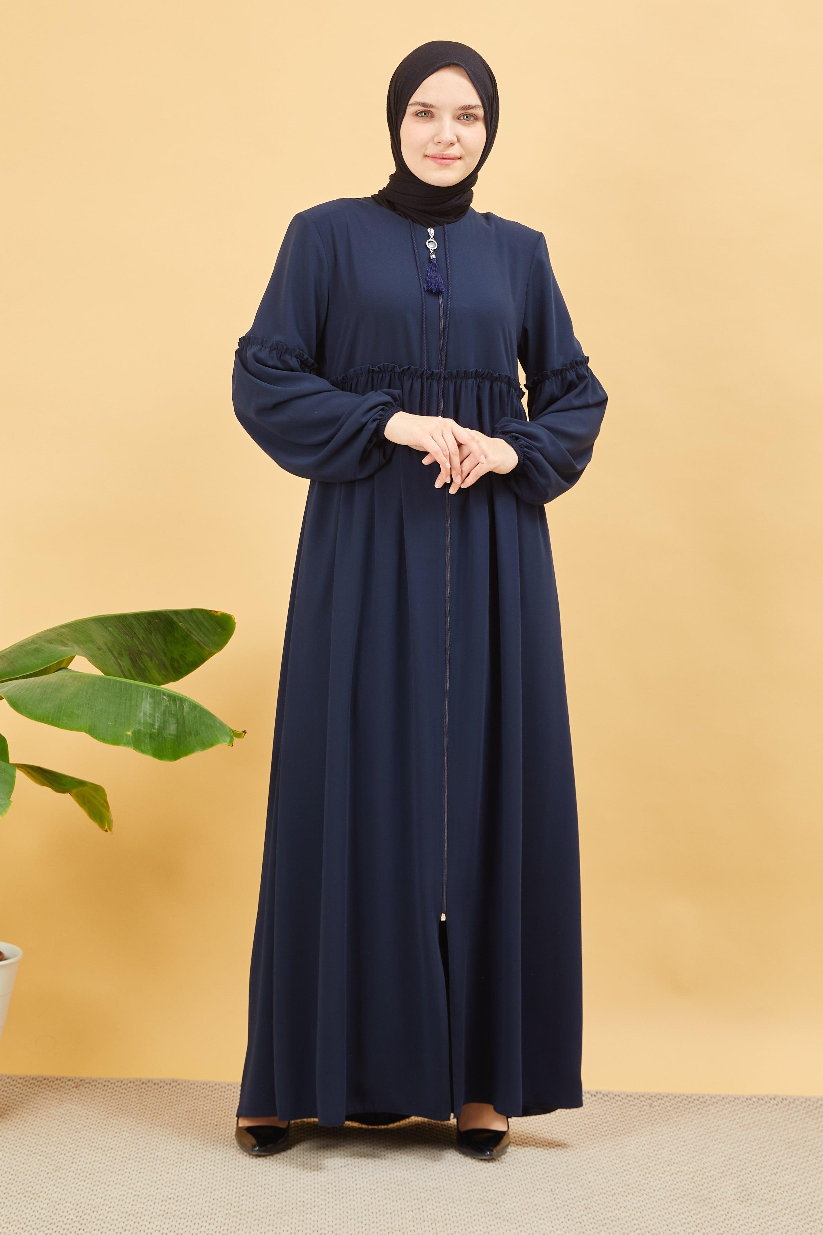 Önü ve Kolu Büzgülü Bileği Lastikli Geniş Kol Ferace Lacivert | 20615