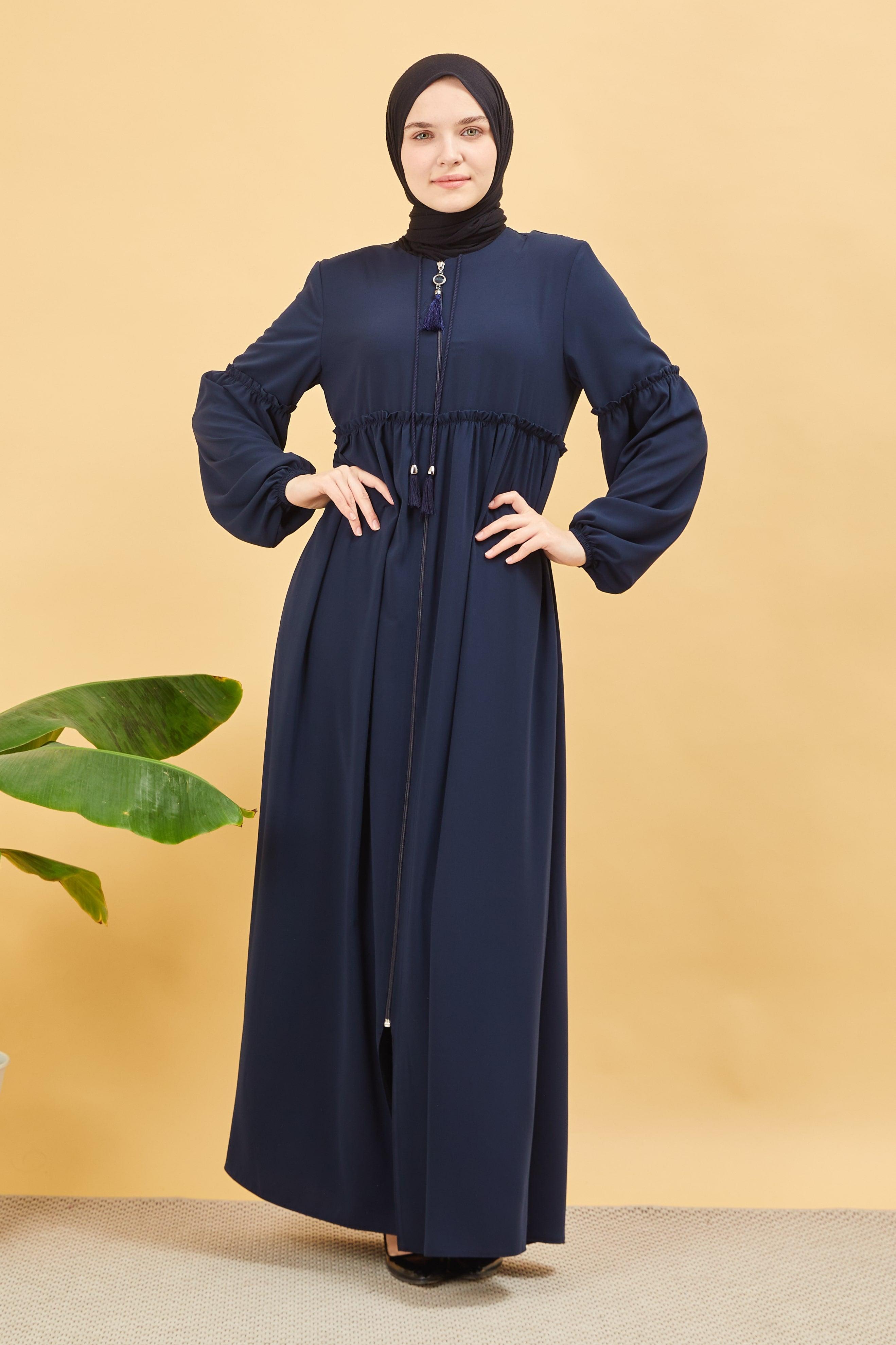 Önü ve Kolu Büzgülü Bileği Lastikli Geniş Kol Ferace Lacivert | 20615