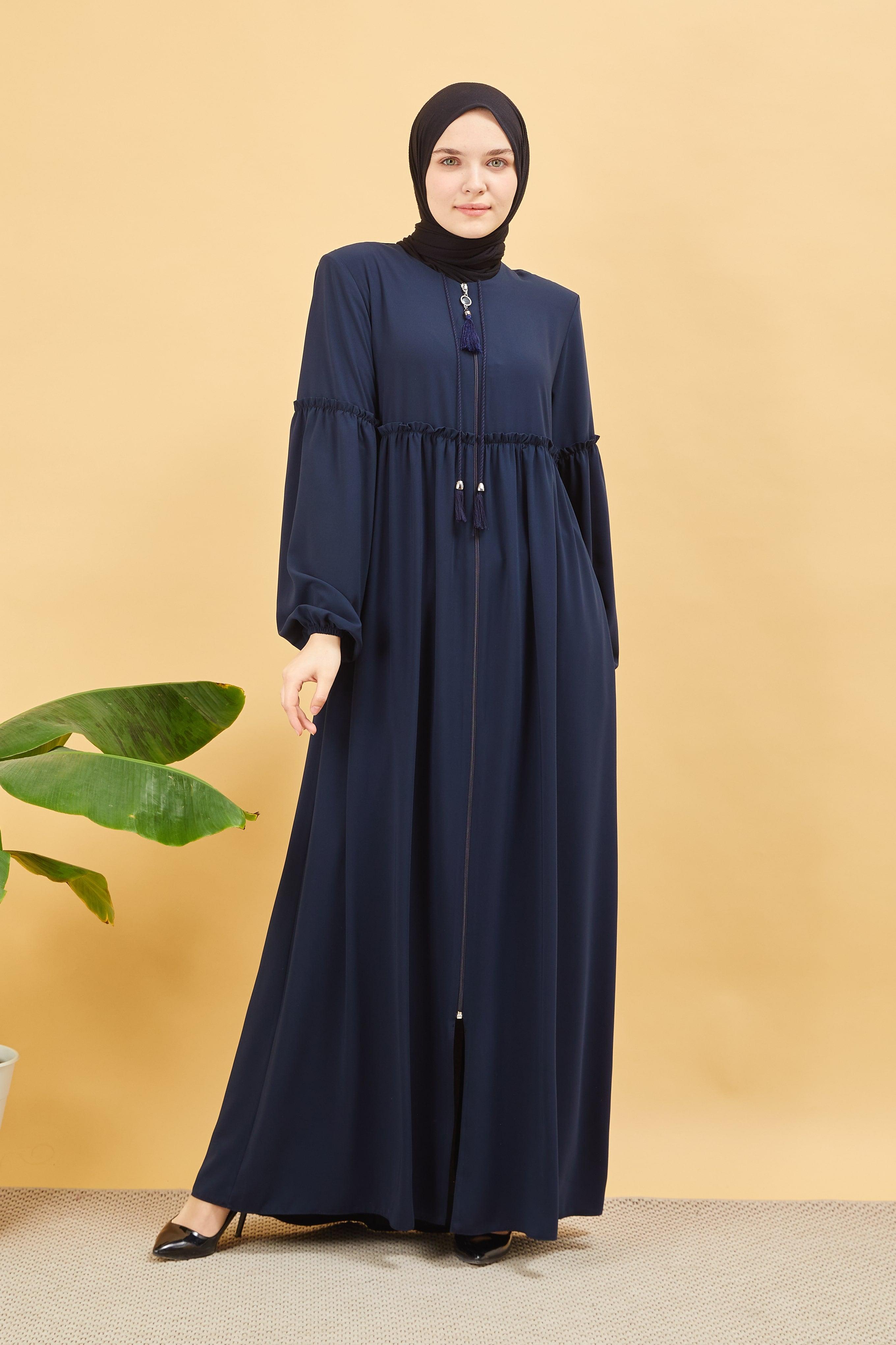 Önü ve Kolu Büzgülü Bileği Lastikli Geniş Kol Ferace Lacivert | 20615