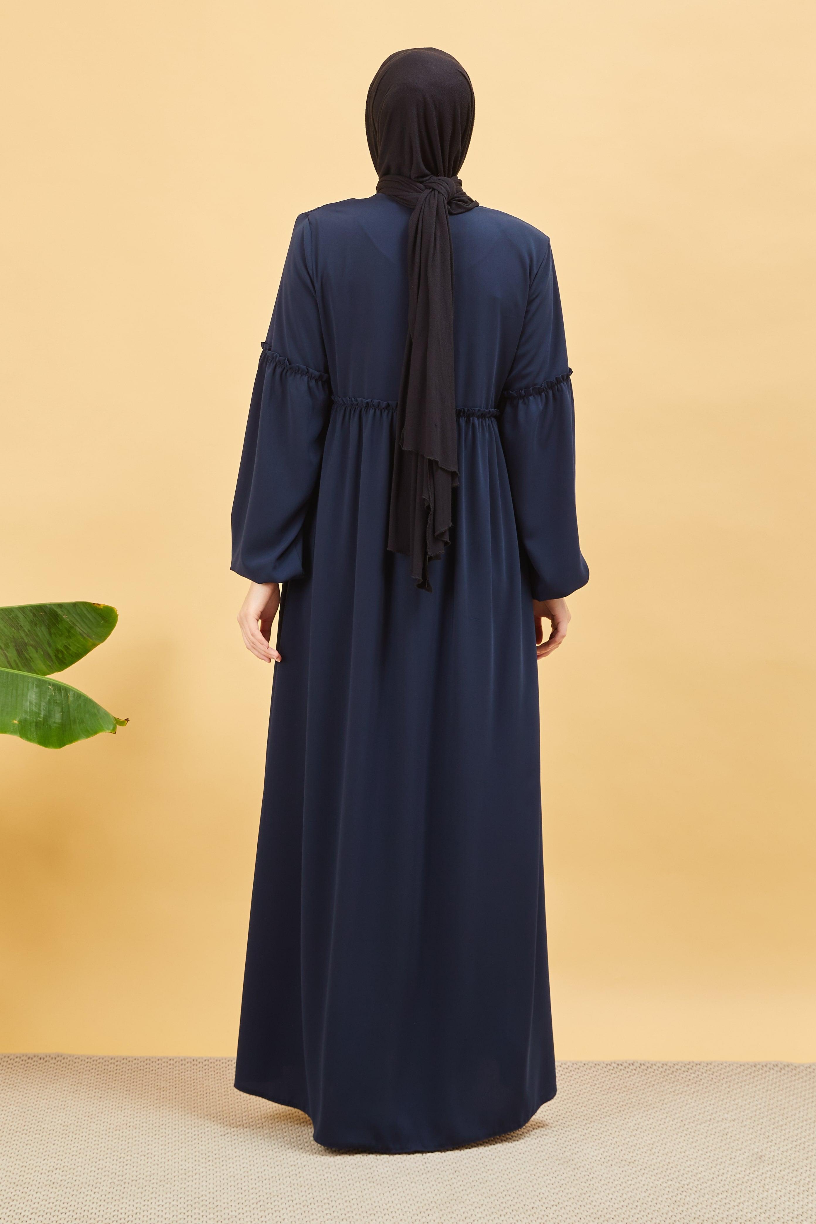 Önü ve Kolu Büzgülü Bileği Lastikli Geniş Kol Ferace Lacivert | 20615