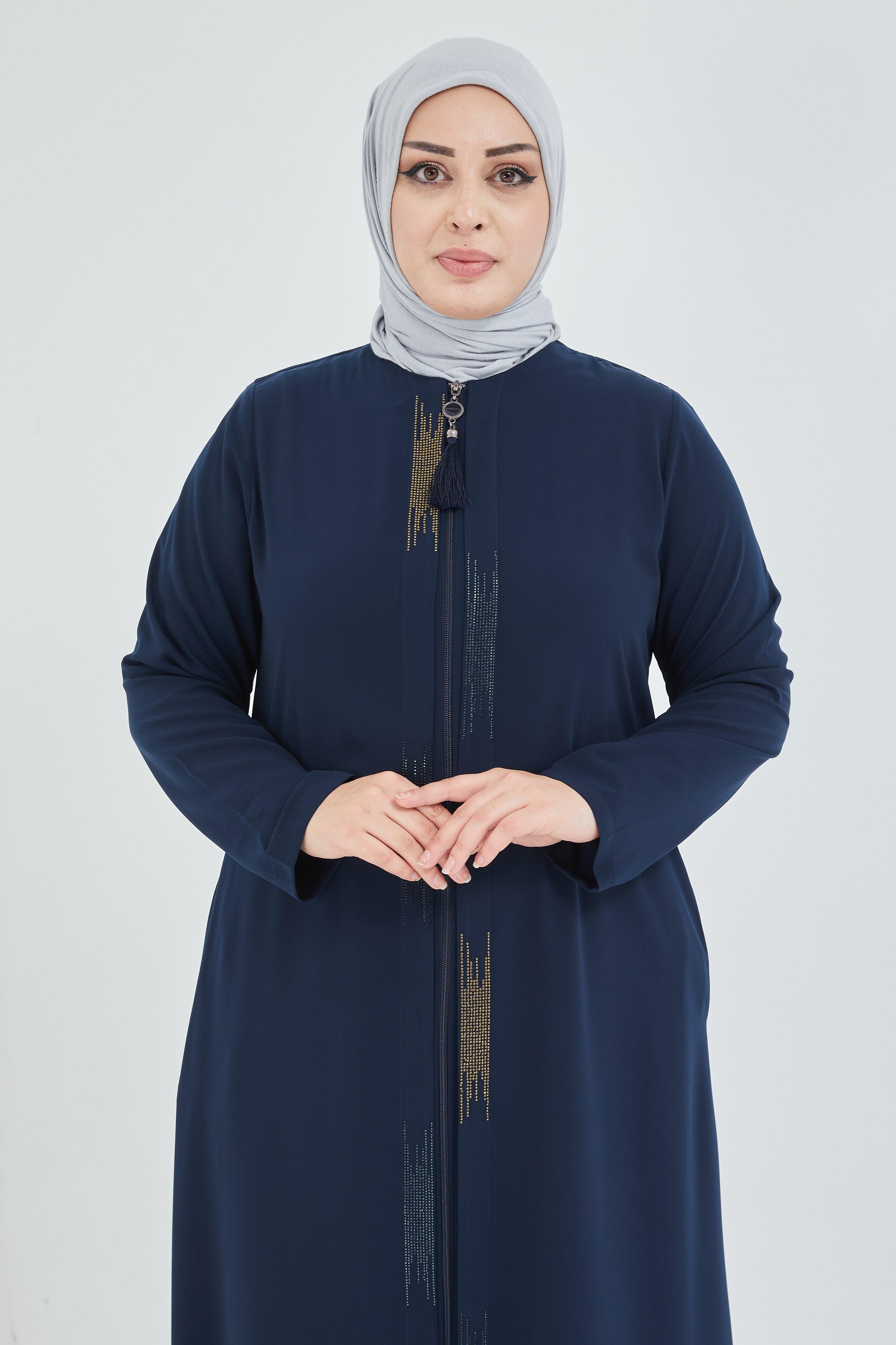 Önü Çift Patlı Taş Detaylı Büyük Beden Ferace Lacivert | 206615