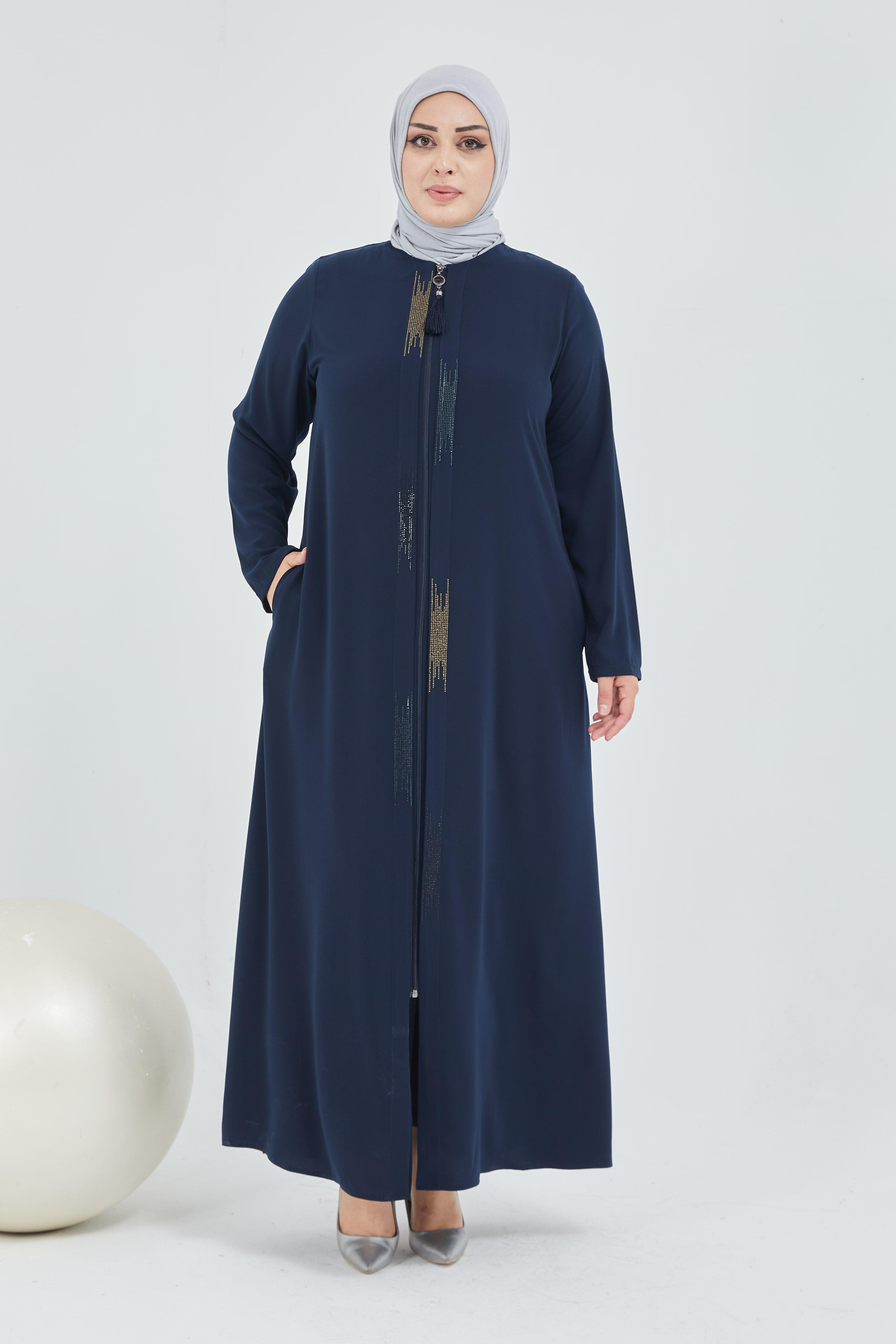 Önü Çift Patlı Taş Detaylı Büyük Beden Ferace Lacivert | 206615
