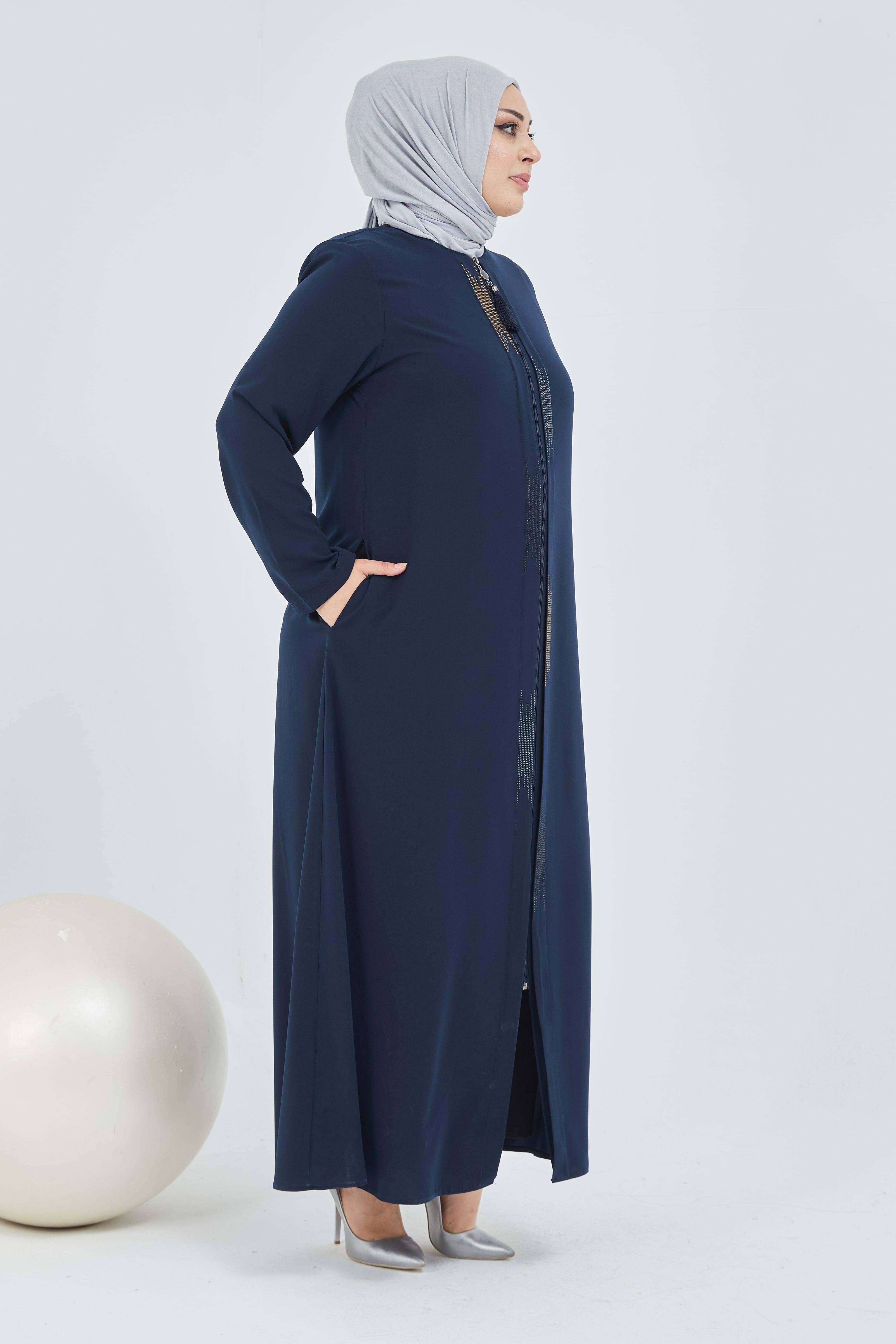 Önü Çift Patlı Taş Detaylı Büyük Beden Ferace Lacivert | 206615
