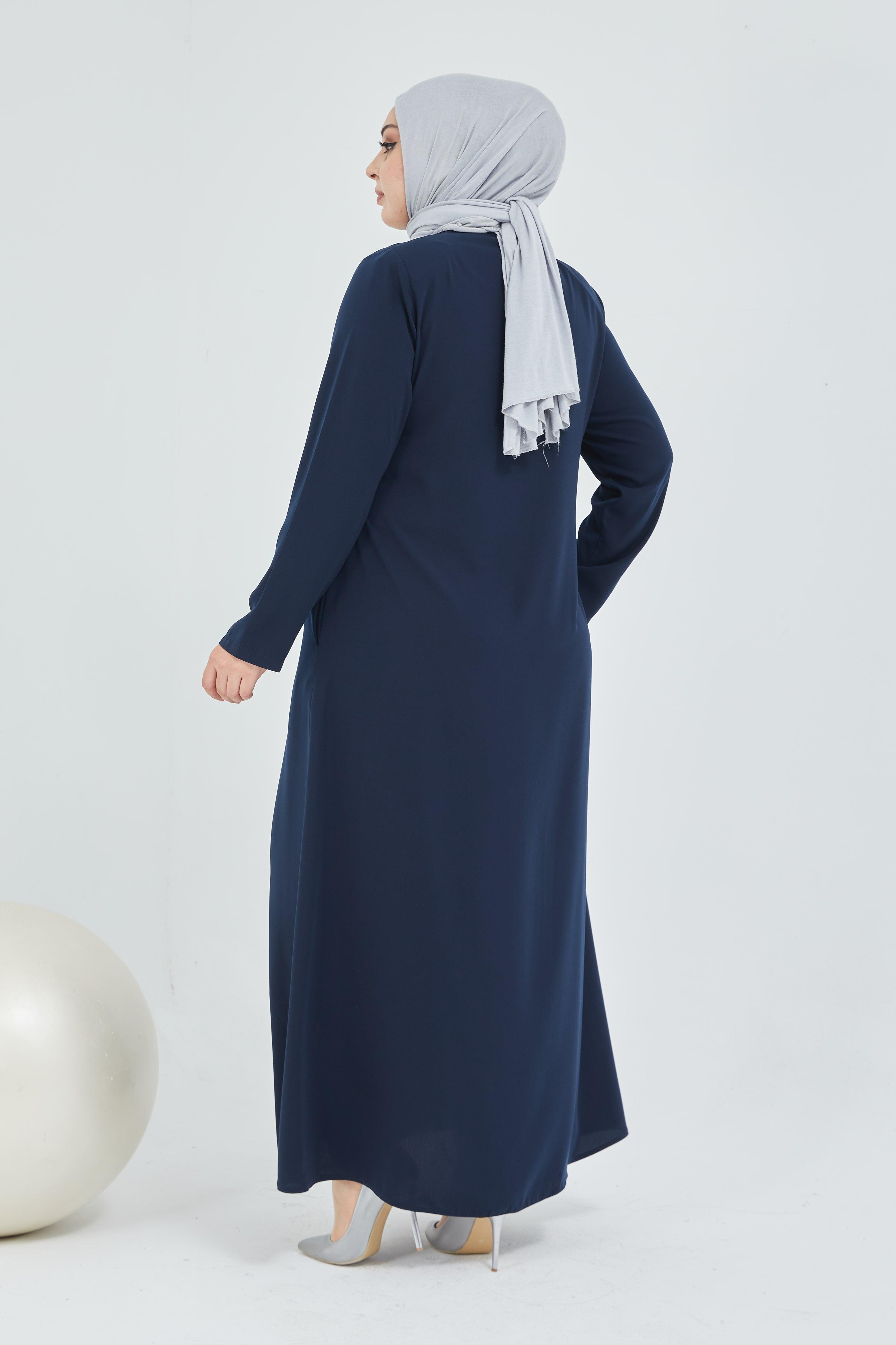 Önü Çift Patlı Taş Detaylı Büyük Beden Ferace Lacivert | 206615