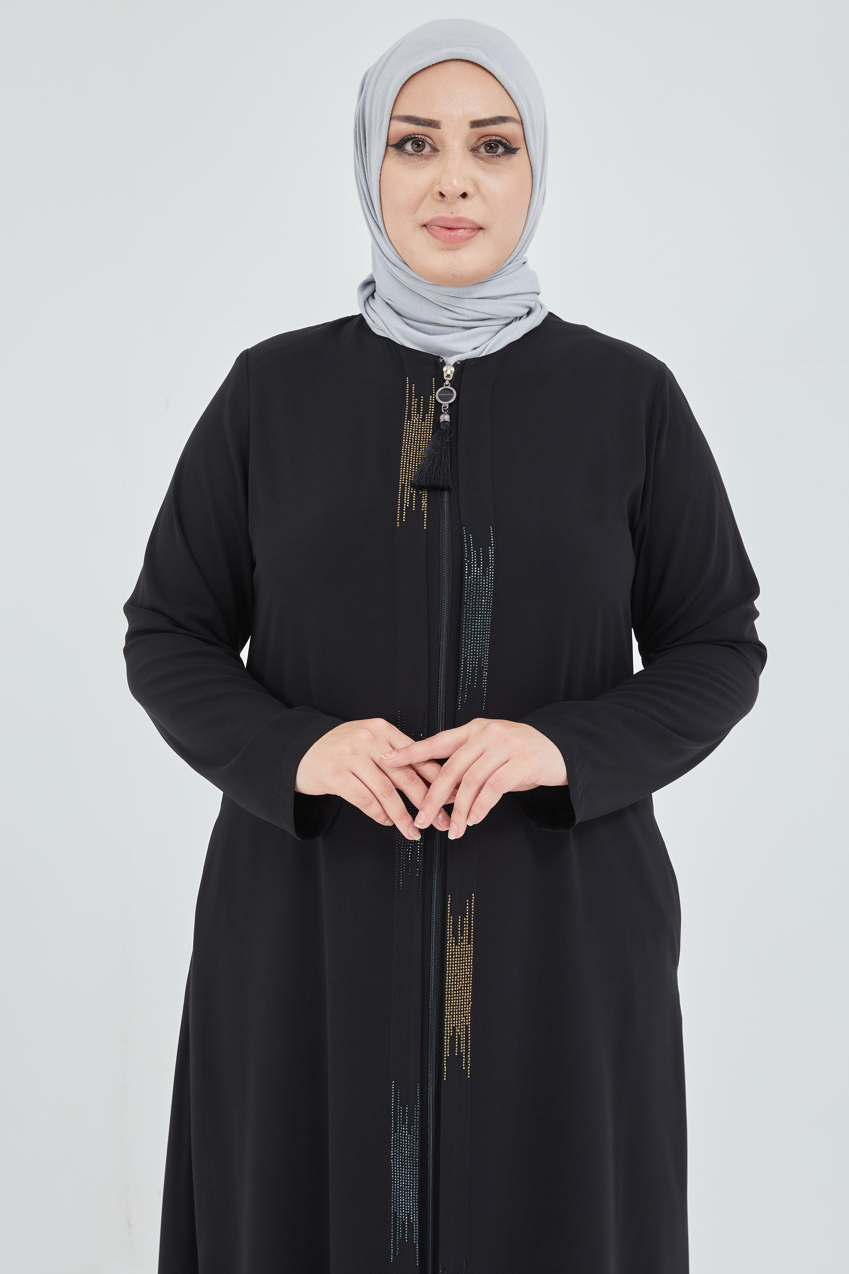 Önü Çift Patlı Taş Detaylı Büyük Beden Ferace Siyah | 206611