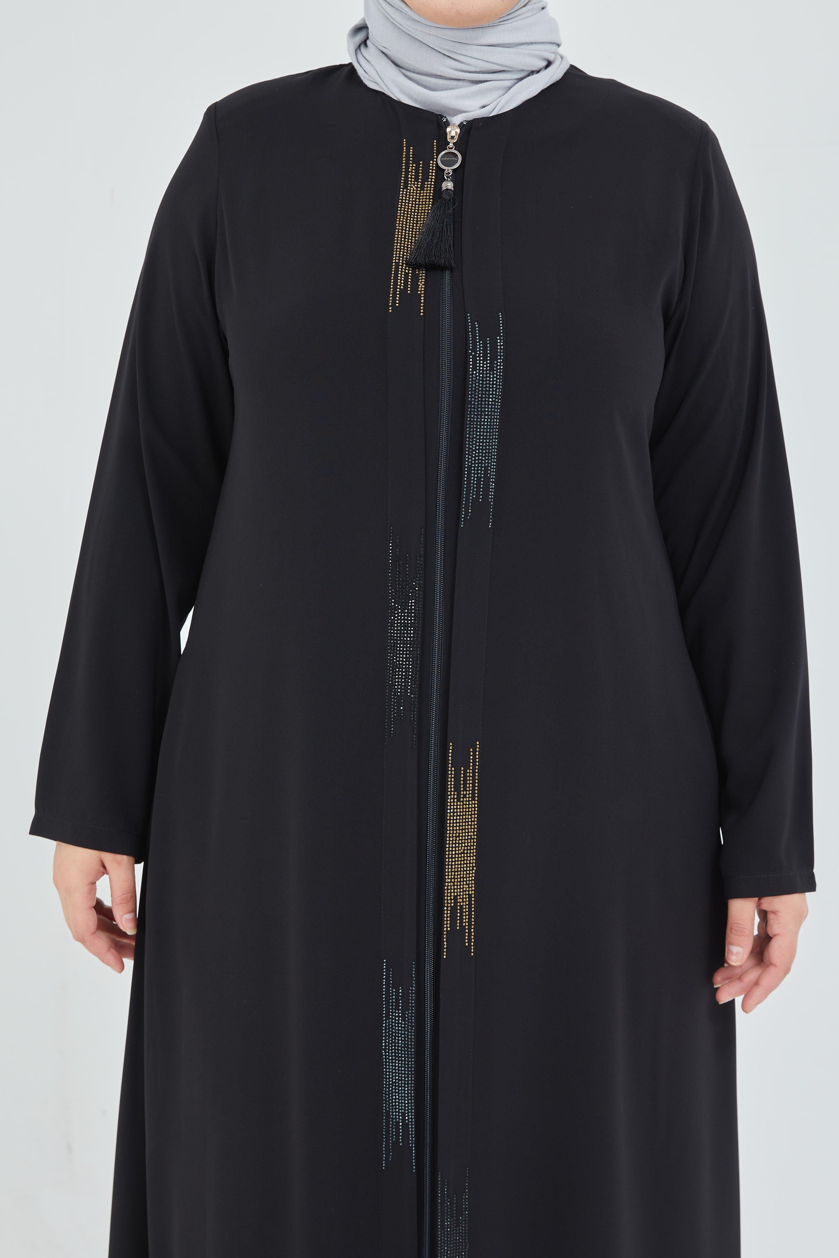 Önü Çift Patlı Taş Detaylı Büyük Beden Ferace Siyah | 206611