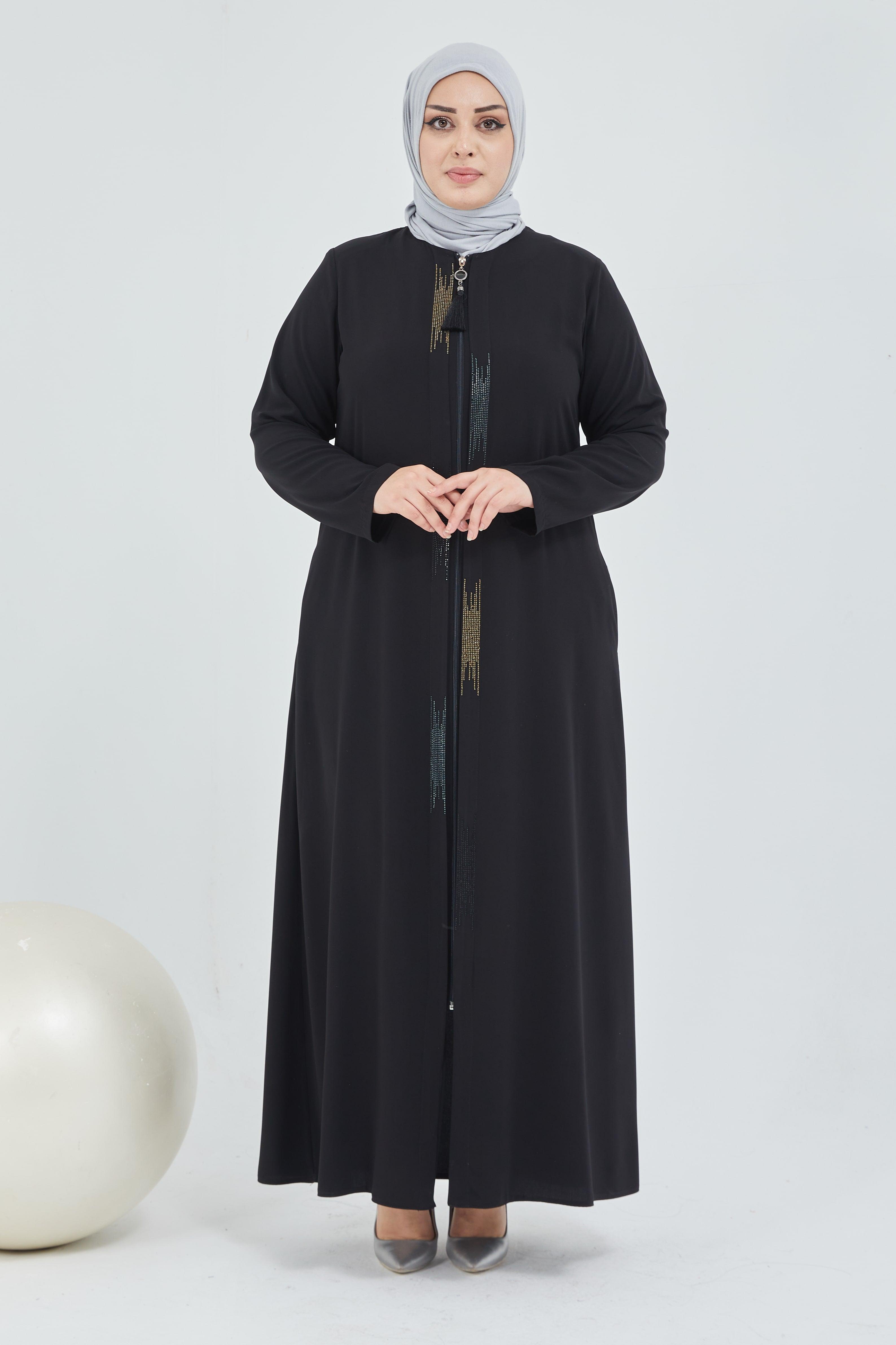 Önü Çift Patlı Taş Detaylı Büyük Beden Ferace Siyah | 206611
