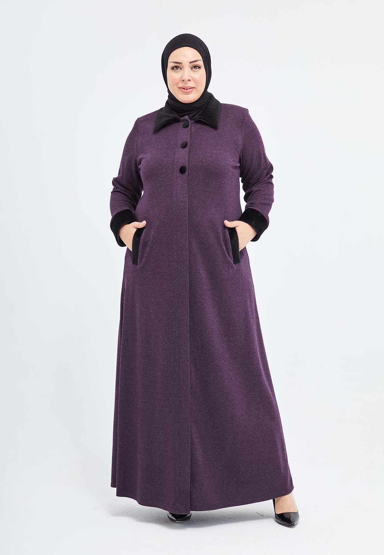 Yakası ve Bilekleri Kürklü Düğmeli Kışlık Ferace Mürdüm | 2039 U-8 - MODALALE