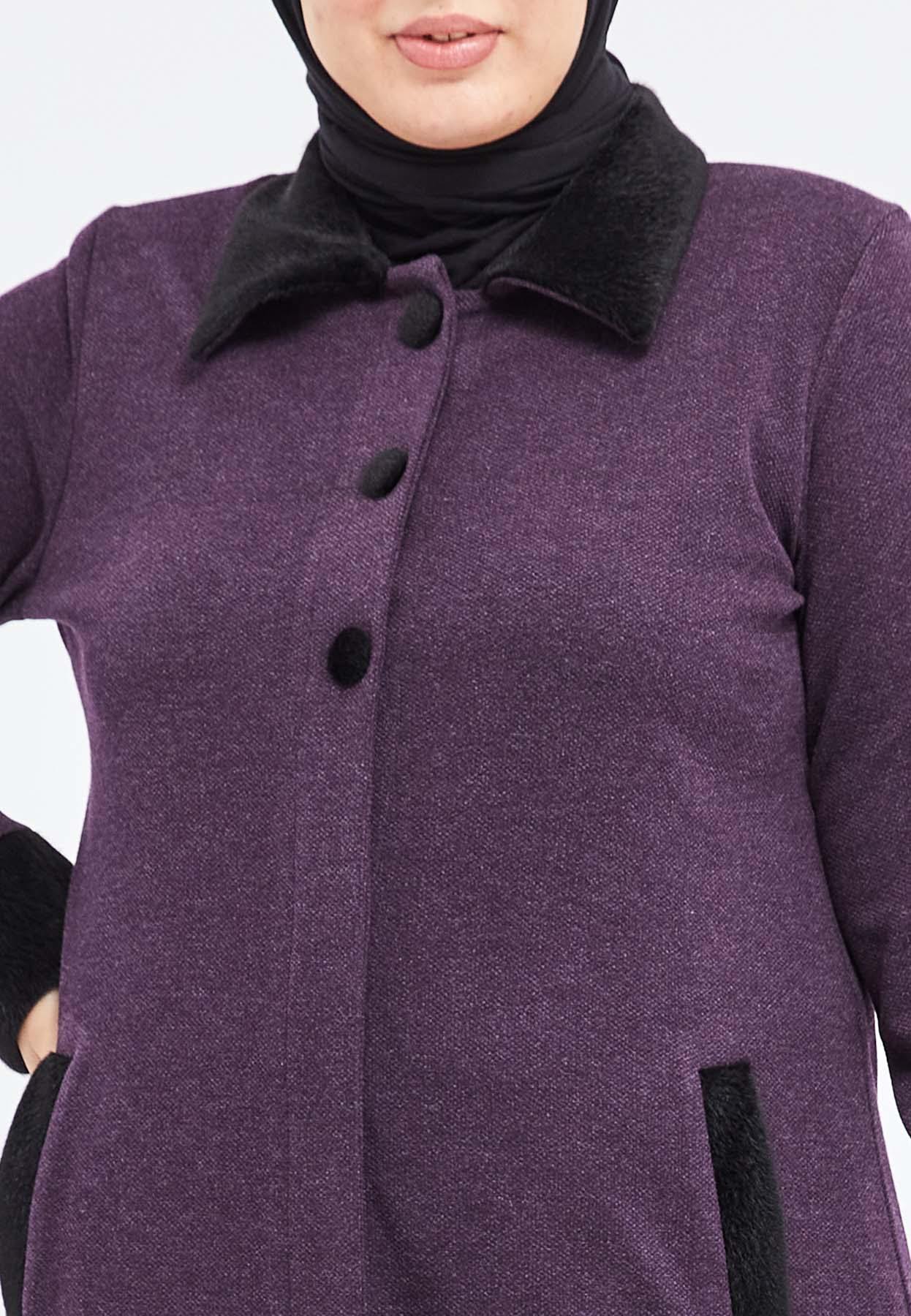 Yakası ve Bilekleri Kürklü Düğmeli Kışlık Ferace Mürdüm | 2039 U-8 - MODALALE