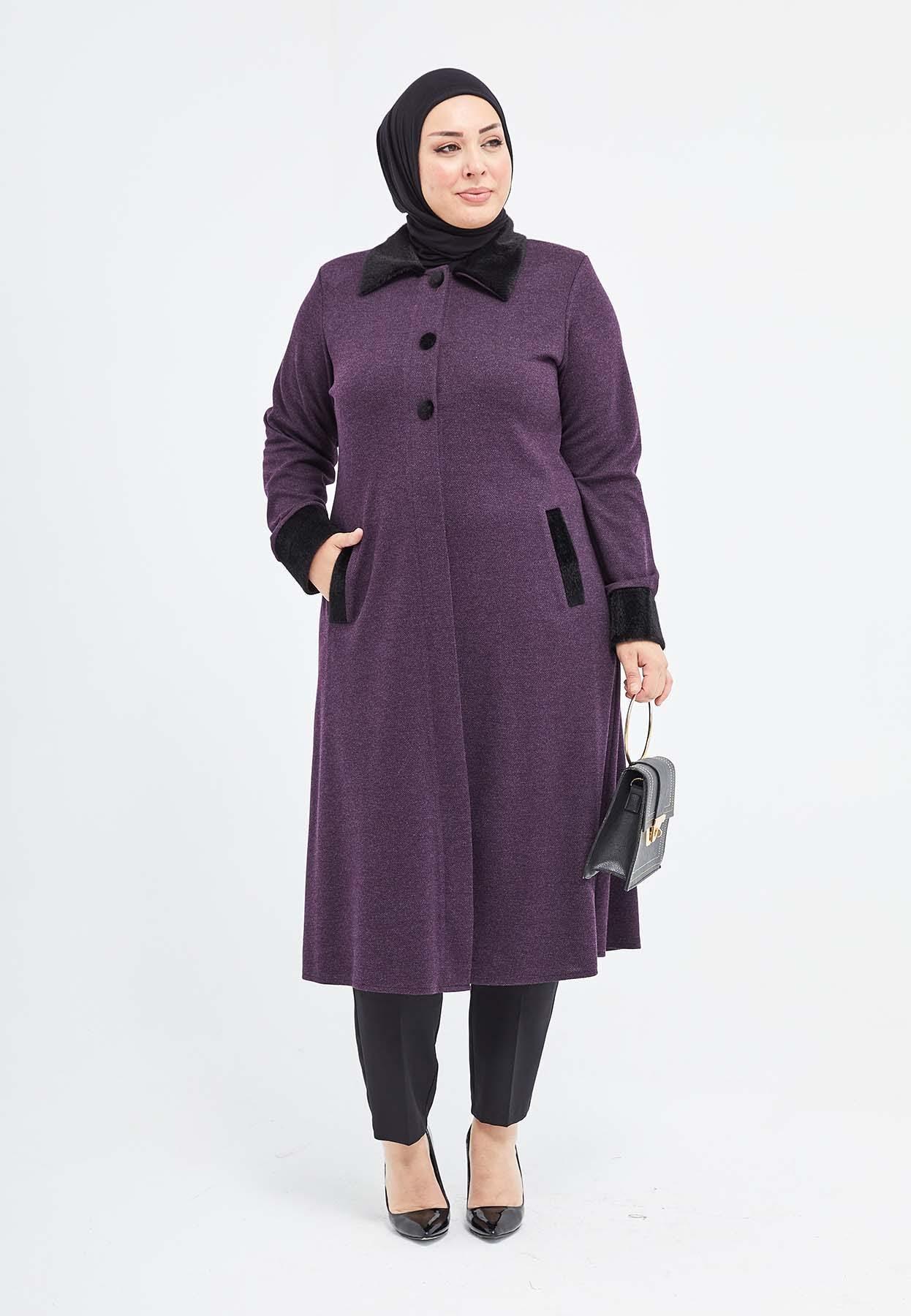 Yakası ve Bilekleri Kürklü Düğmeli Kışlık Ferace Mürdüm Dizaltı | 2039 KK-8 - MODALALE