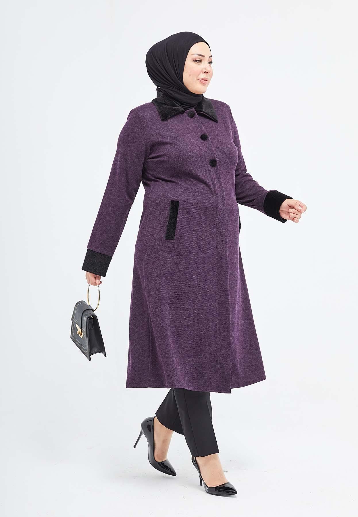 Yakası ve Bilekleri Kürklü Düğmeli Kışlık Ferace Mürdüm Dizaltı | 2039 KK-8 - MODALALE