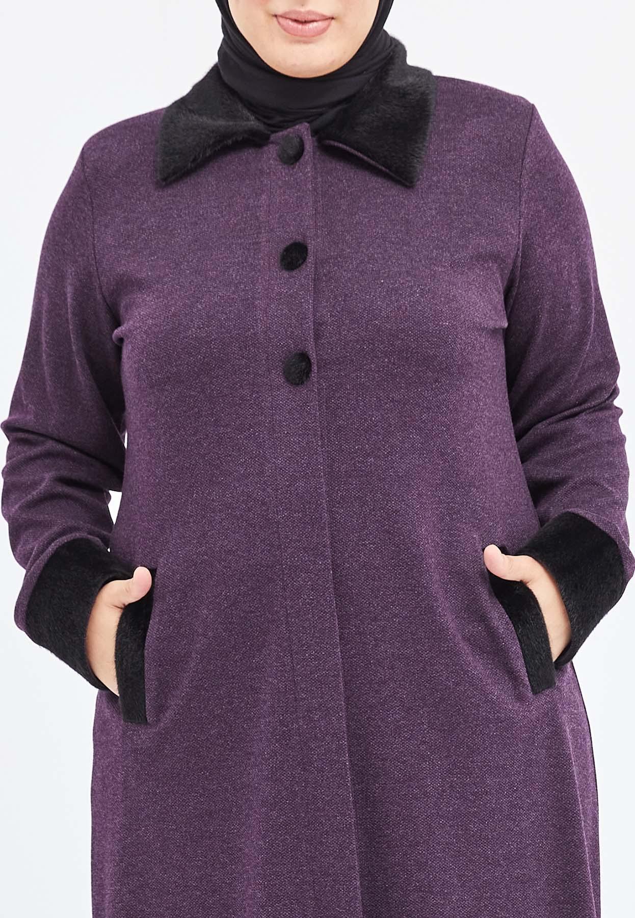 Yakası ve Bilekleri Kürklü Düğmeli Kışlık Ferace Mürdüm Dizaltı | 2039 KK-8 - MODALALE