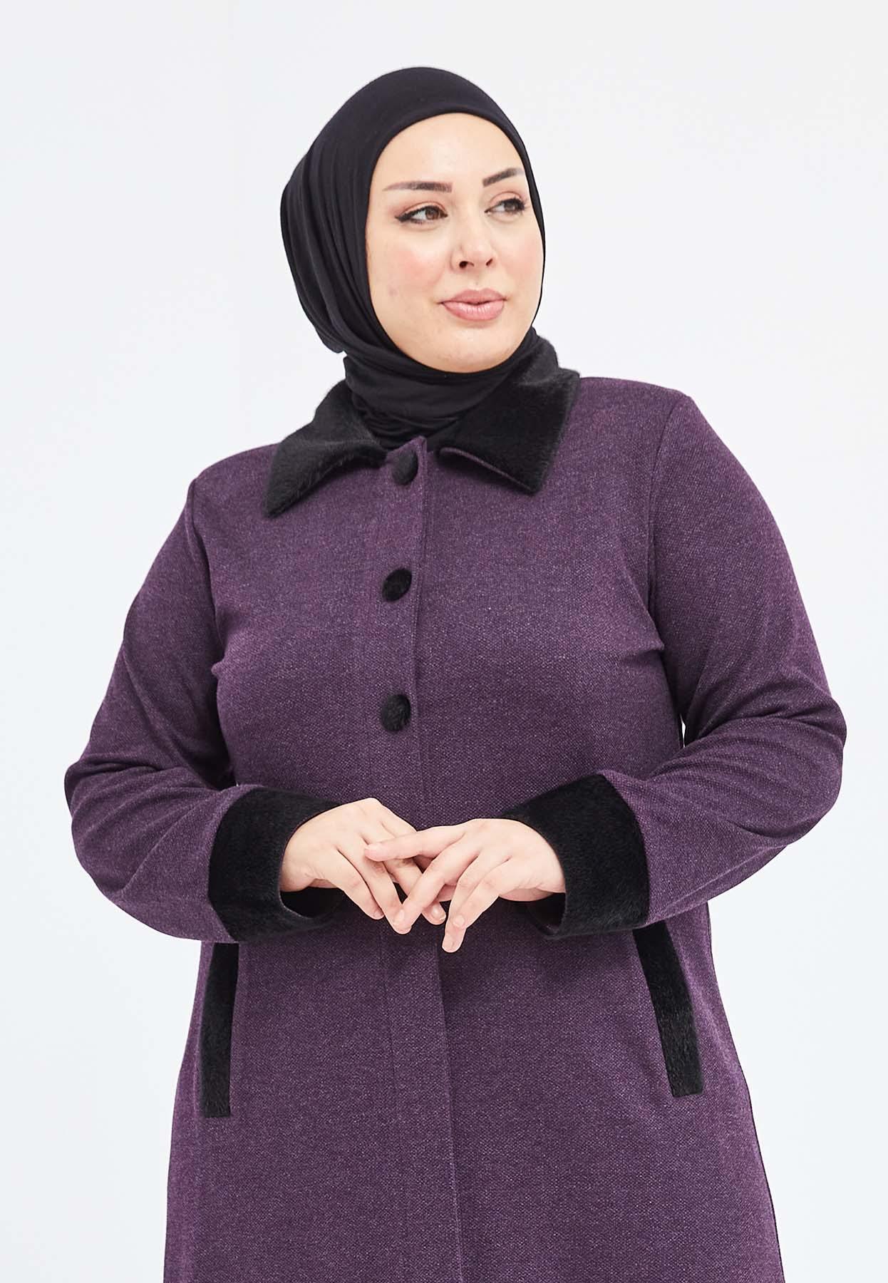 Yakası ve Bilekleri Kürklü Düğmeli Kışlık Ferace Mürdüm Dizaltı | 2039 KK-8 - MODALALE