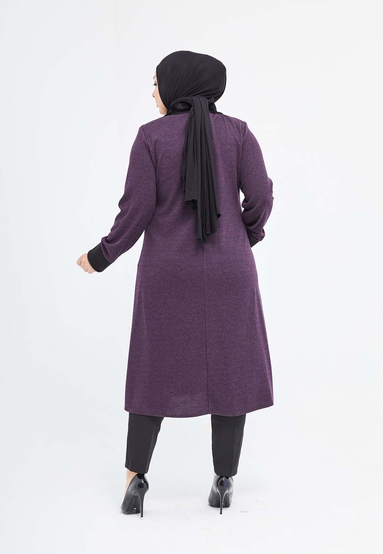 Yakası ve Bilekleri Kürklü Düğmeli Kışlık Ferace Mürdüm Dizaltı | 2039 KK-8 - MODALALE