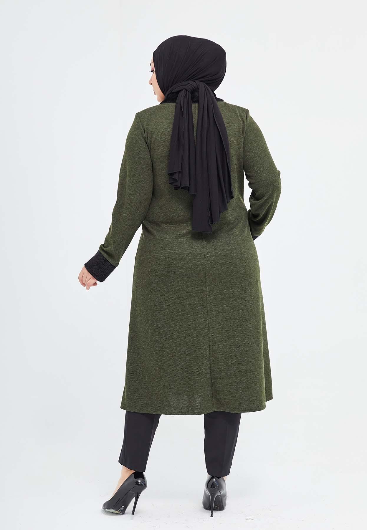 Yakası ve Bilekleri Kürklü Düğmeli Kışlık Ferace Dizaltı Haki | 2039 KK-9 - MODALALE