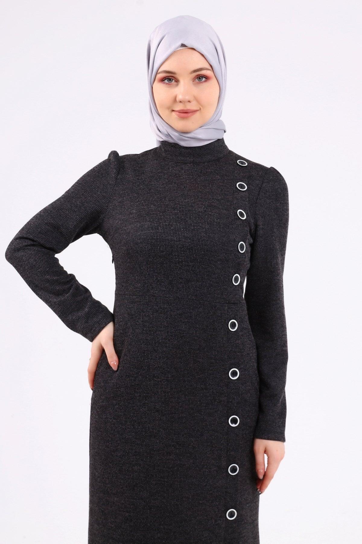 Düğme Detaylı Tesettür Elbise Siyah | K3023-1