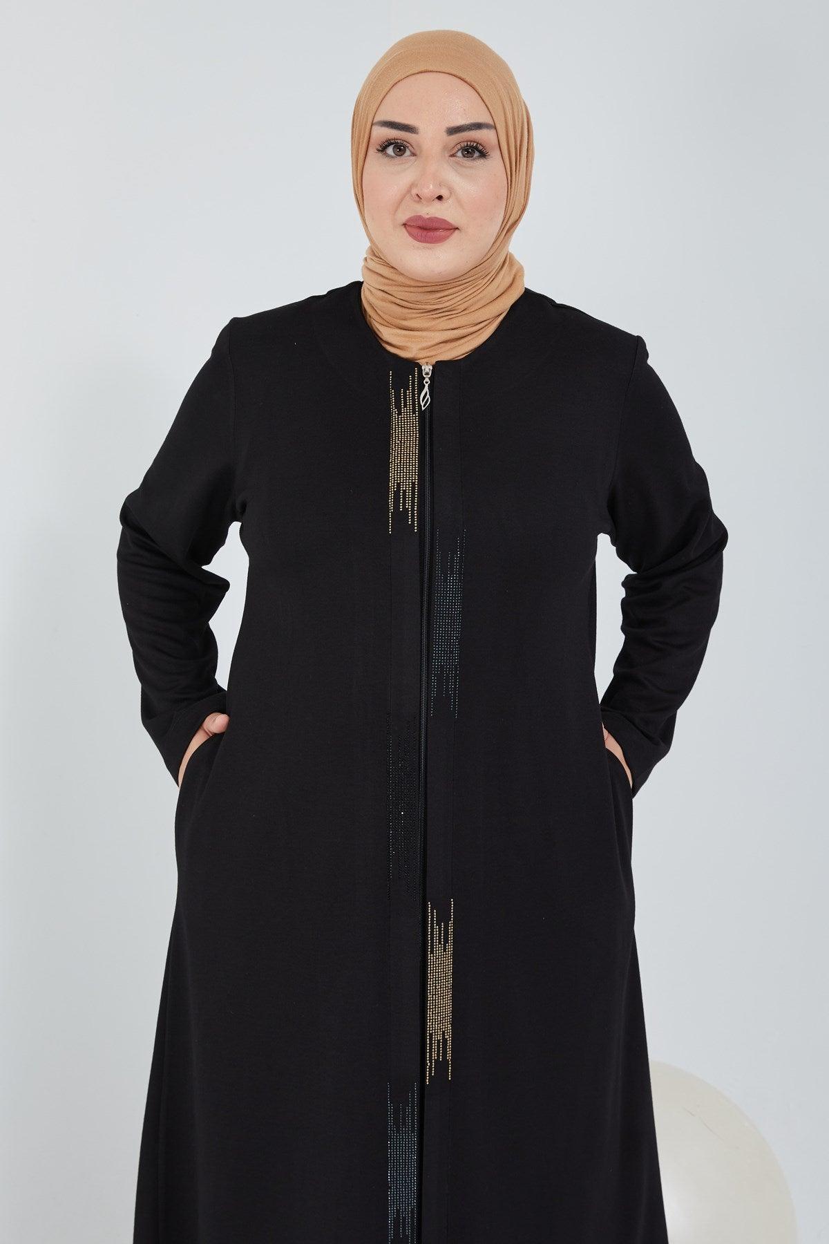  Önü Çift Patlı Taş Detaylı Büyük Beden Ferace Kışlık / Mevsimlik Siyah| K2066-1-1