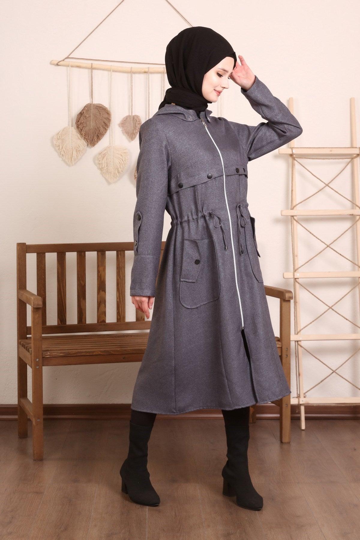 Kapşonlu Ve Kulgözü Detaylı Kap Gri | 9012-24