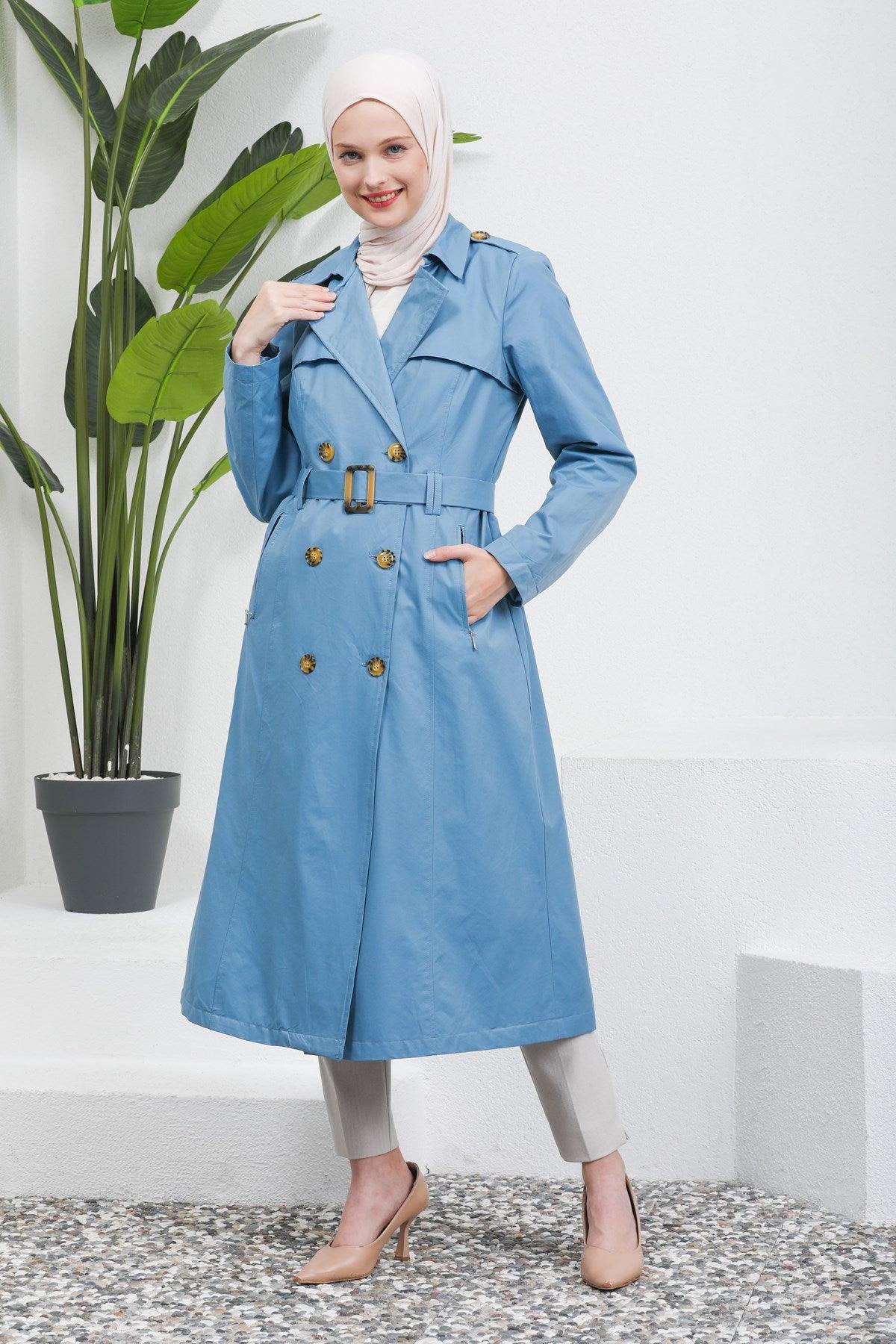Düğme Detaylı Kuşaklı Trençkot Bebe Mavisi | 16004-31