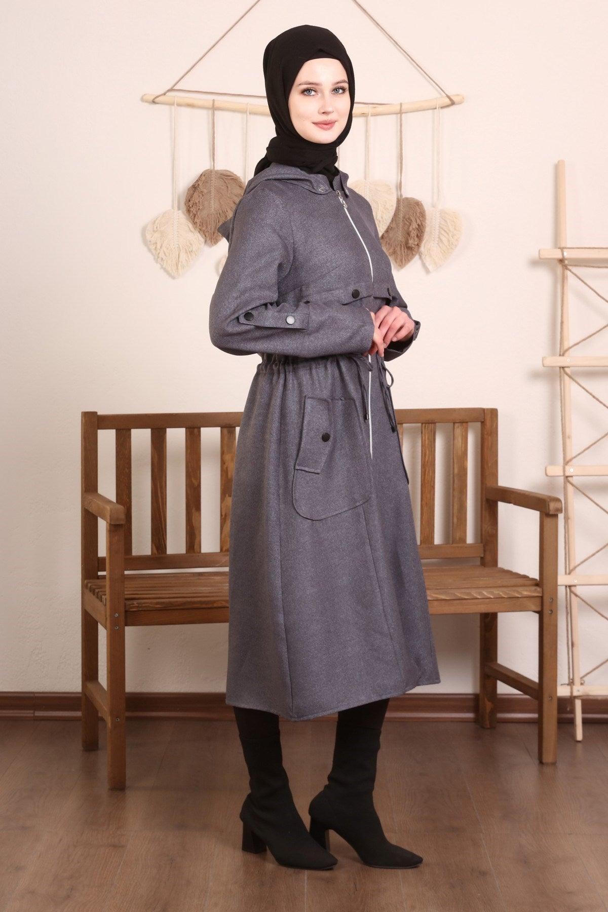 Kapşonlu Ve Kulgözü Detaylı Kap Gri | 9012-24