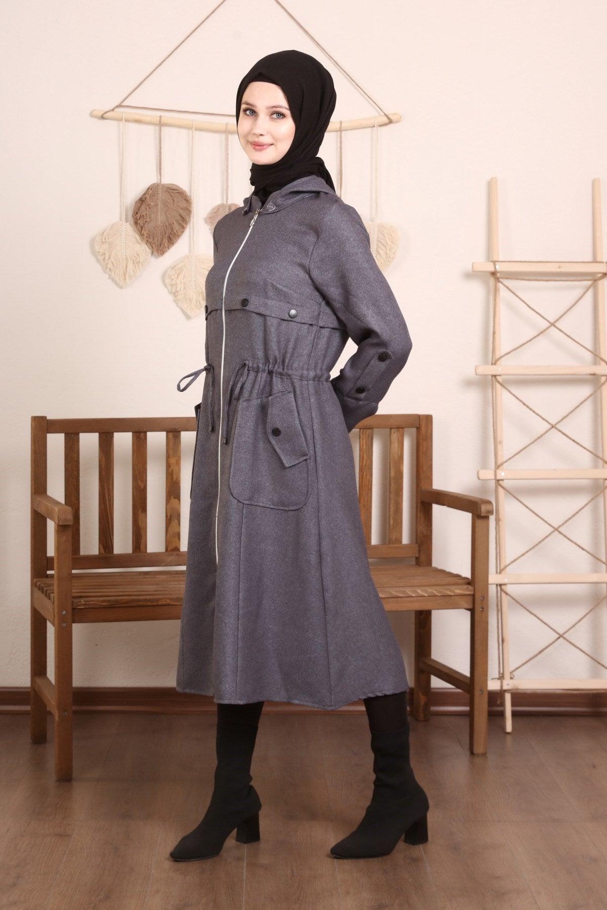 Kapşonlu Ve Kulgözü Detaylı Kap Gri | 9012-24