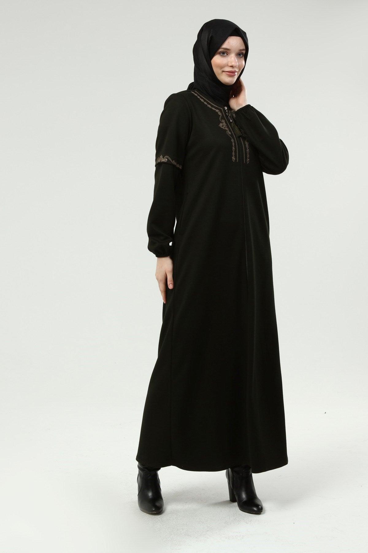 Önü Ve Dirsekleri Nakışlı Kışlık Ferace Haki | K2051-2-9