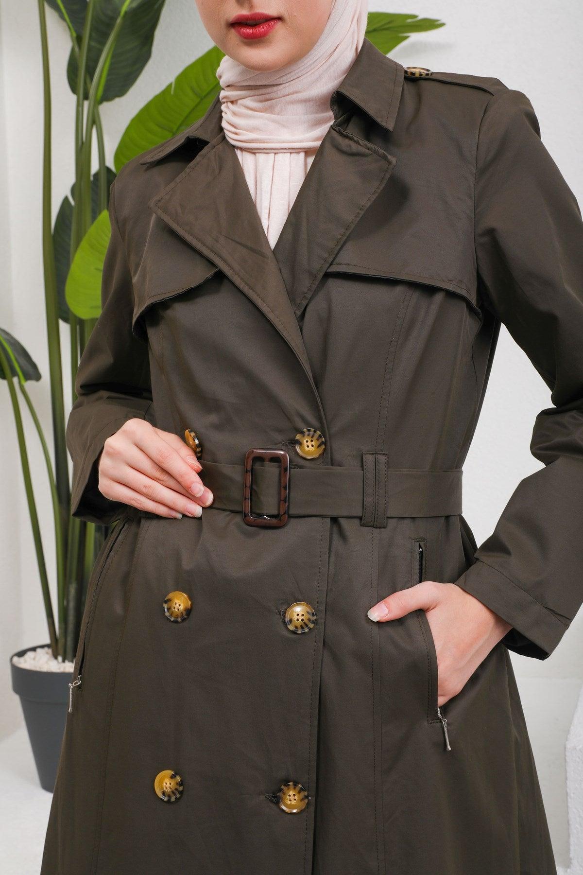 Düğme Detaylı Kuşaklı Trençkot Haki | 16004-9