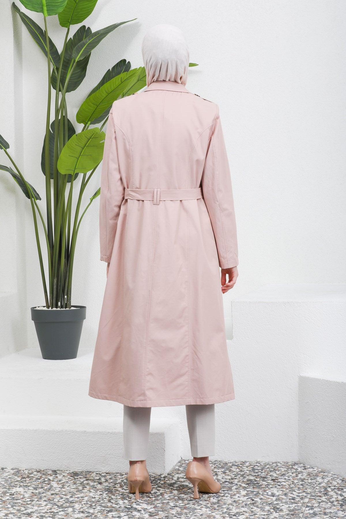 Düğme Detaylı Kuşaklı Trençkot Pudra | 16004-3