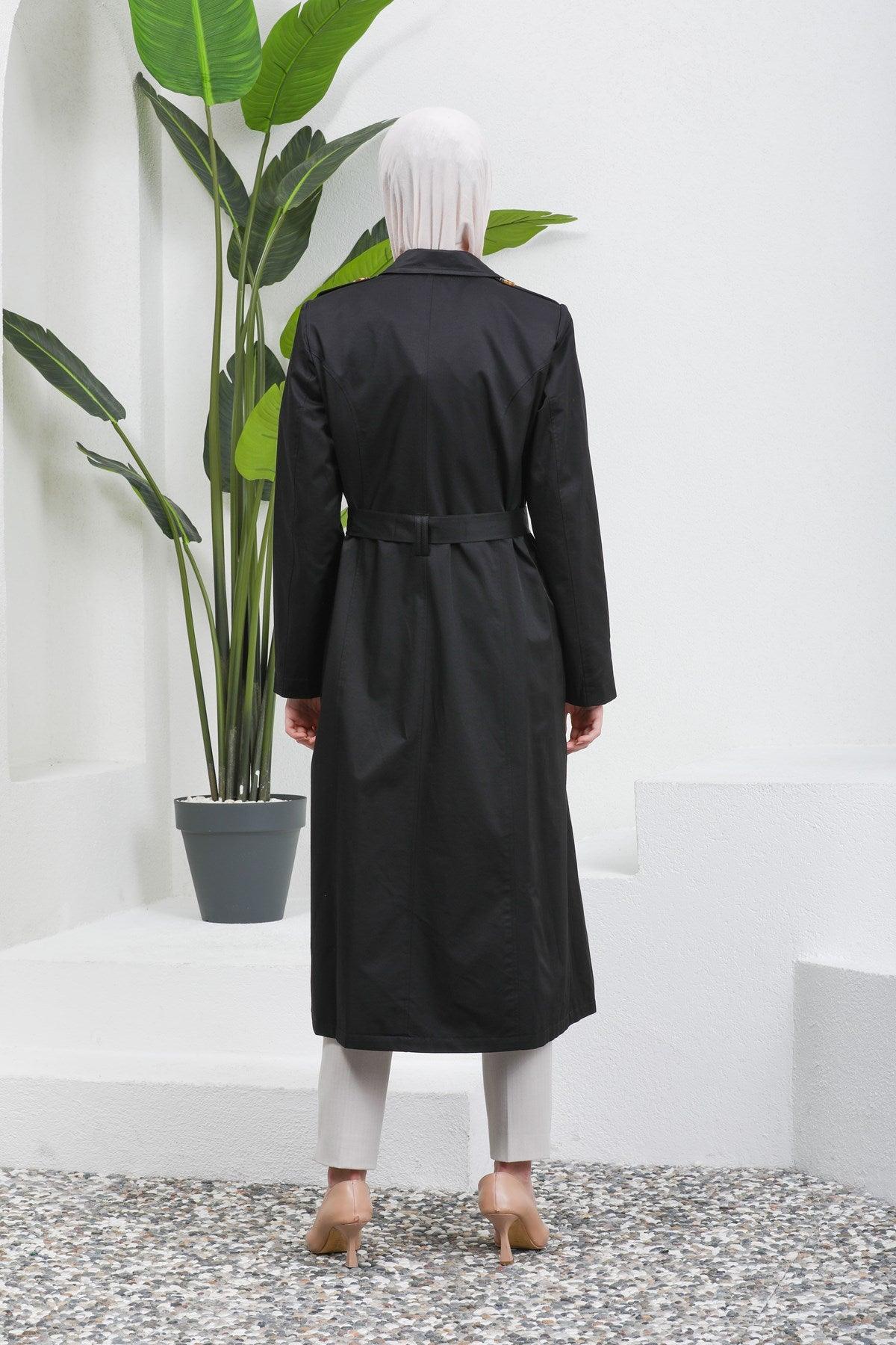 Düğme Detaylı Kuşaklı Trençkot Siyah | 16004-1