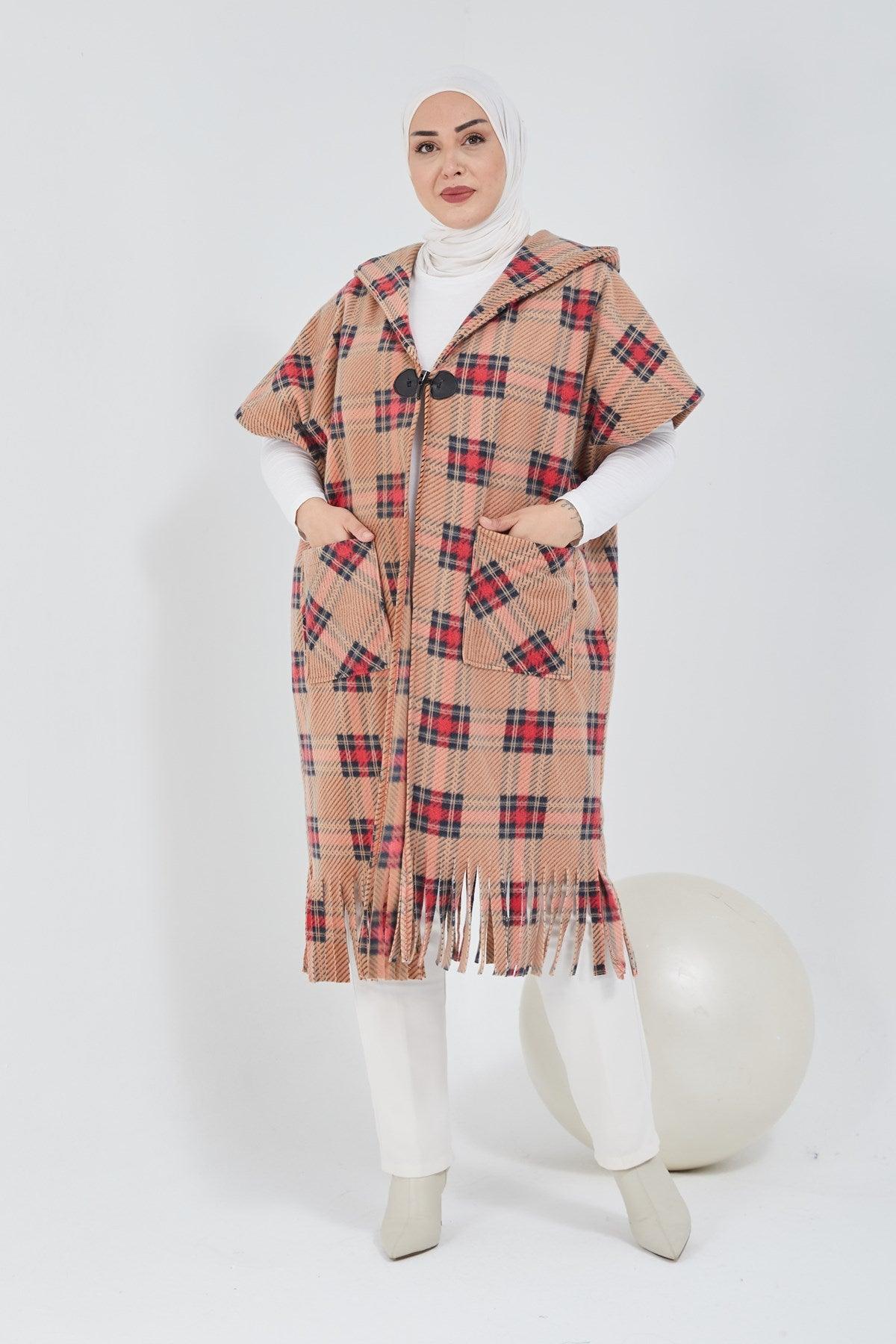 Standart Kalıp Ekoseli Panço Turuncu |  9013-10