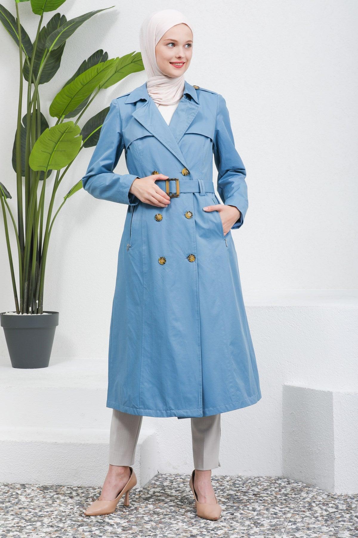Düğme Detaylı Kuşaklı Trençkot Bebe Mavisi | 16004-31