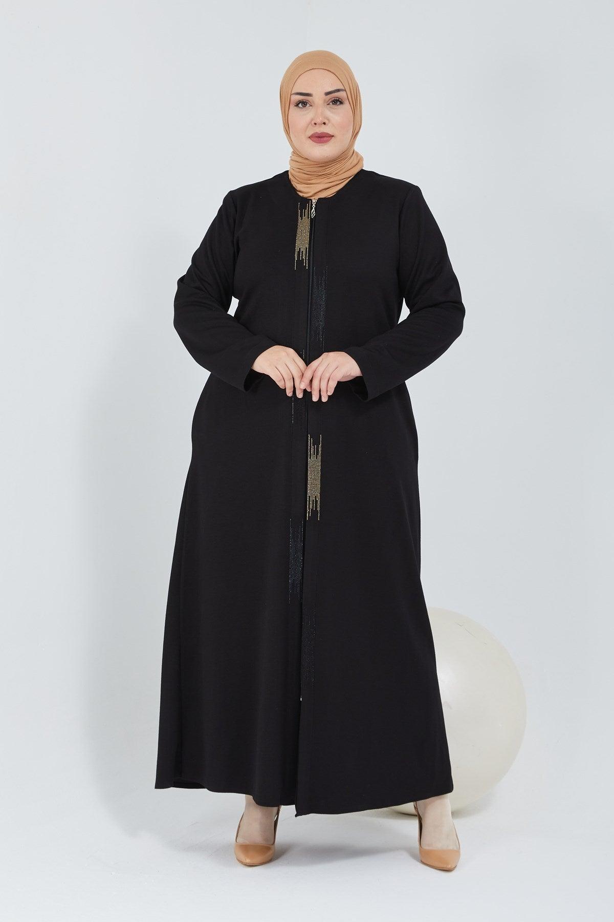  Önü Çift Patlı Taş Detaylı Büyük Beden Ferace Kışlık / Mevsimlik Siyah| K2066-1-1