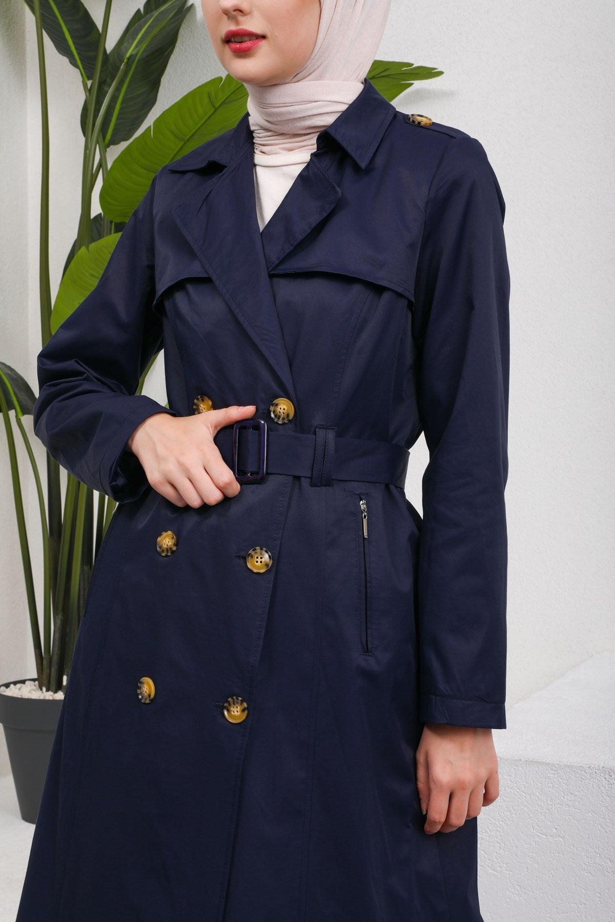 Düğme Detaylı Kuşaklı Trençkot Lacivert | 16004-5