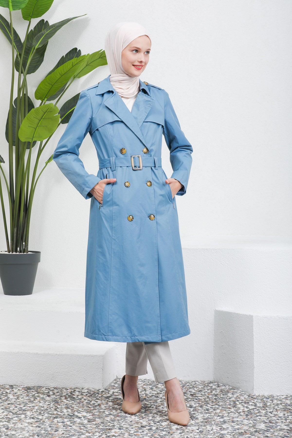 Düğme Detaylı Kuşaklı Trençkot Bebe Mavisi | 16004-31