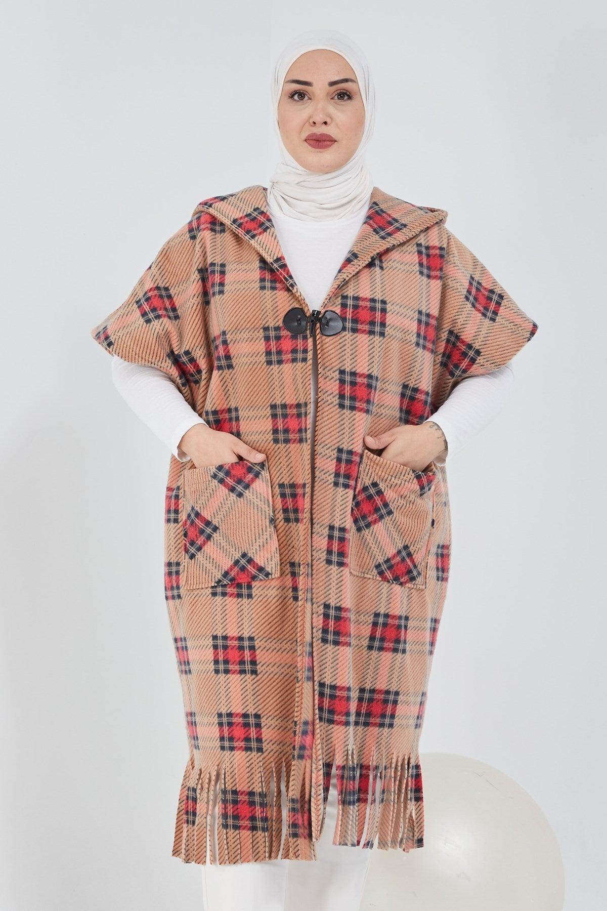 Standart Kalıp Ekoseli Panço Turuncu |  9013-10