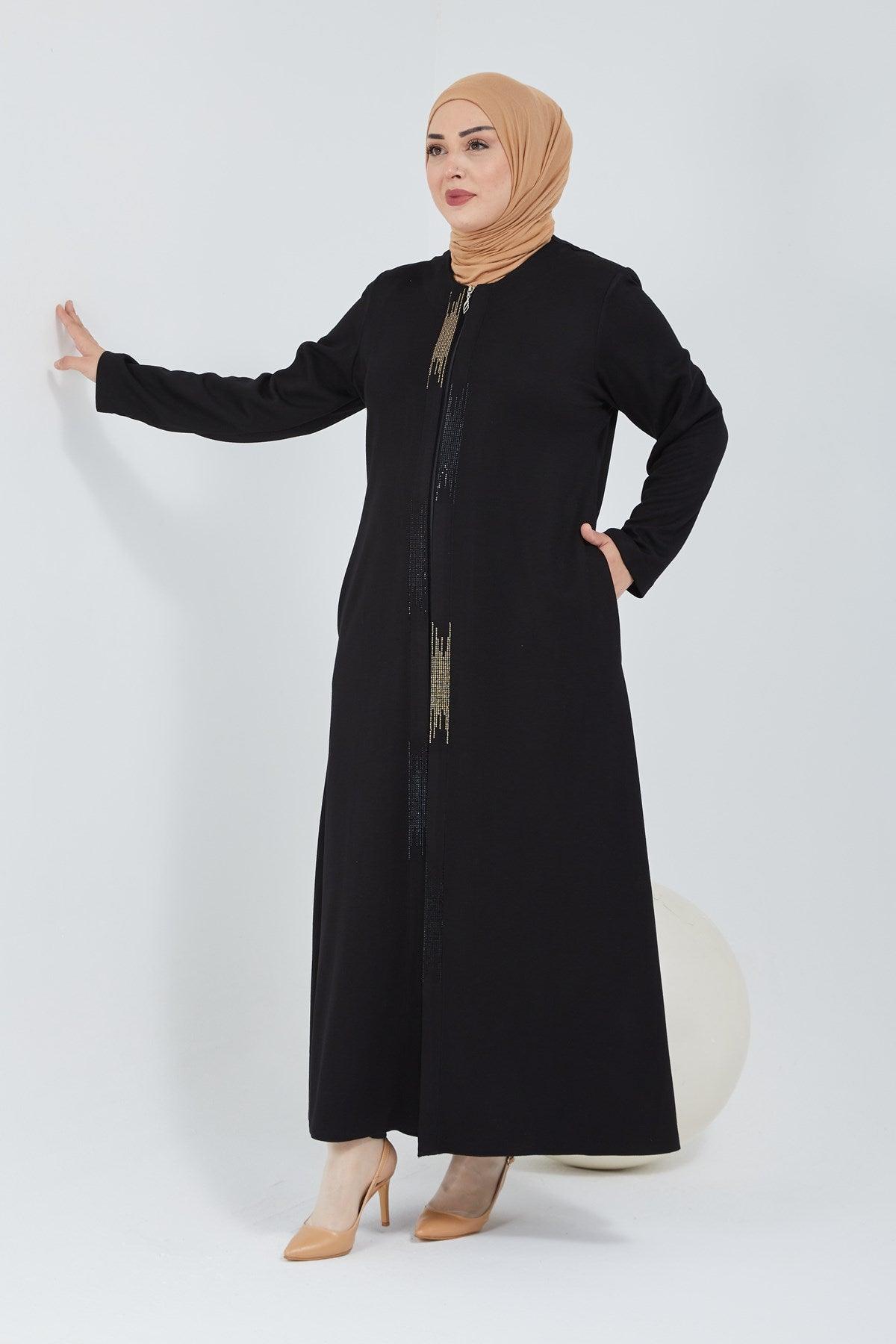  Önü Çift Patlı Taş Detaylı Büyük Beden Ferace Kışlık / Mevsimlik Siyah| K2066-1-1