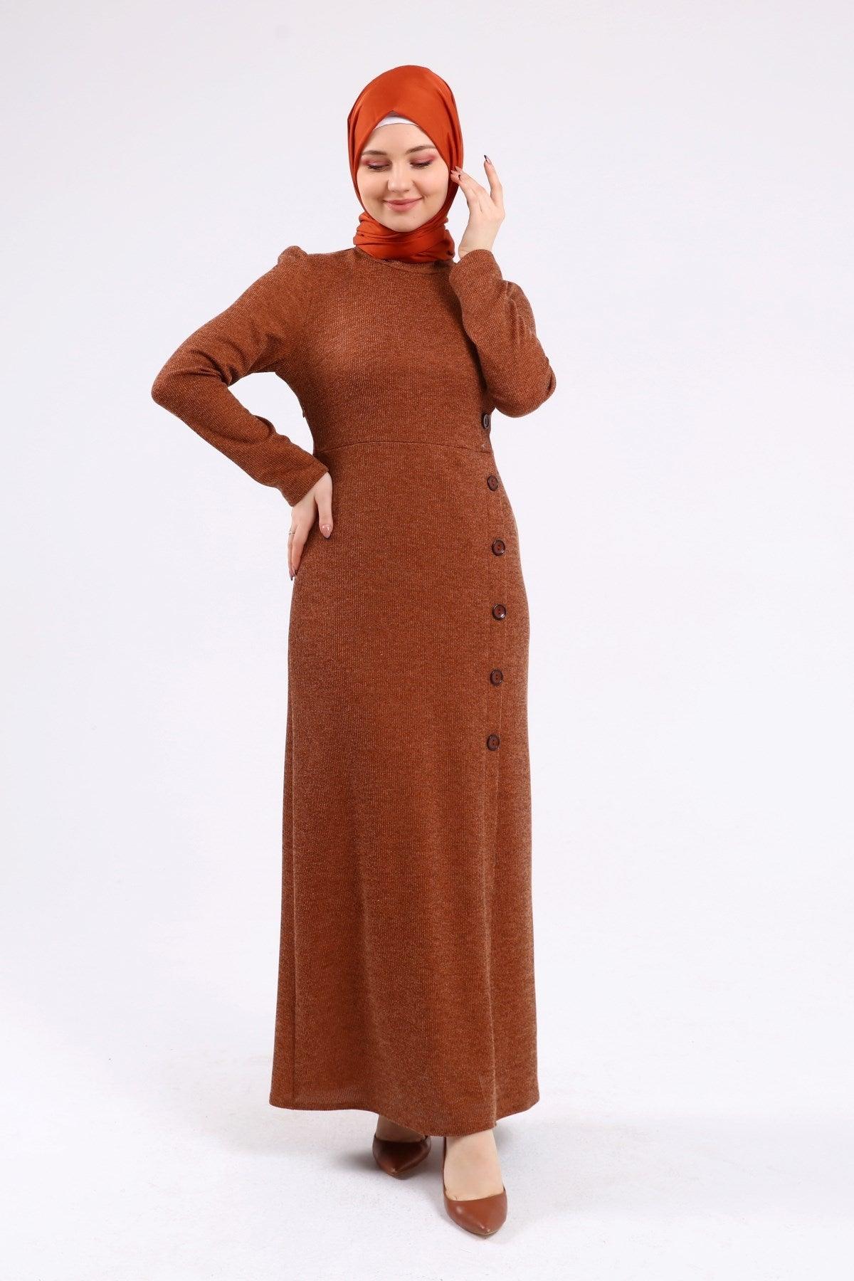 Düğme Detaylı Tesettür Elbise Kahve | K3023-42