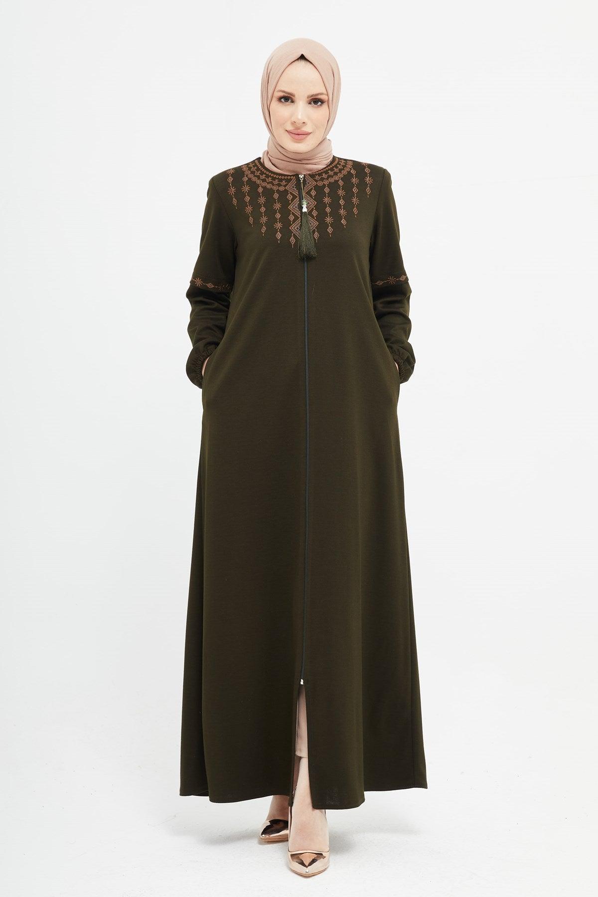 Önü Ve Dirsekleri Nakışlı Kışlık Ferace Haki | K2051-1-9