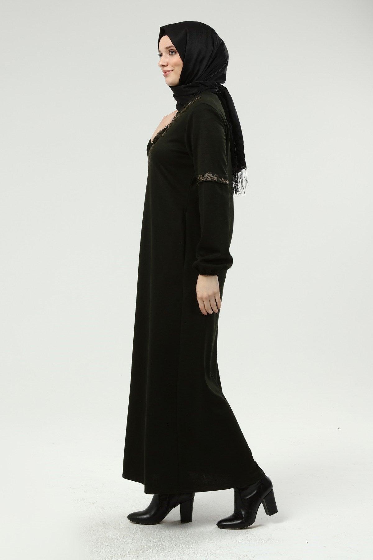 Önü Ve Dirsekleri Nakışlı Kışlık Ferace Haki | K2051-2-9