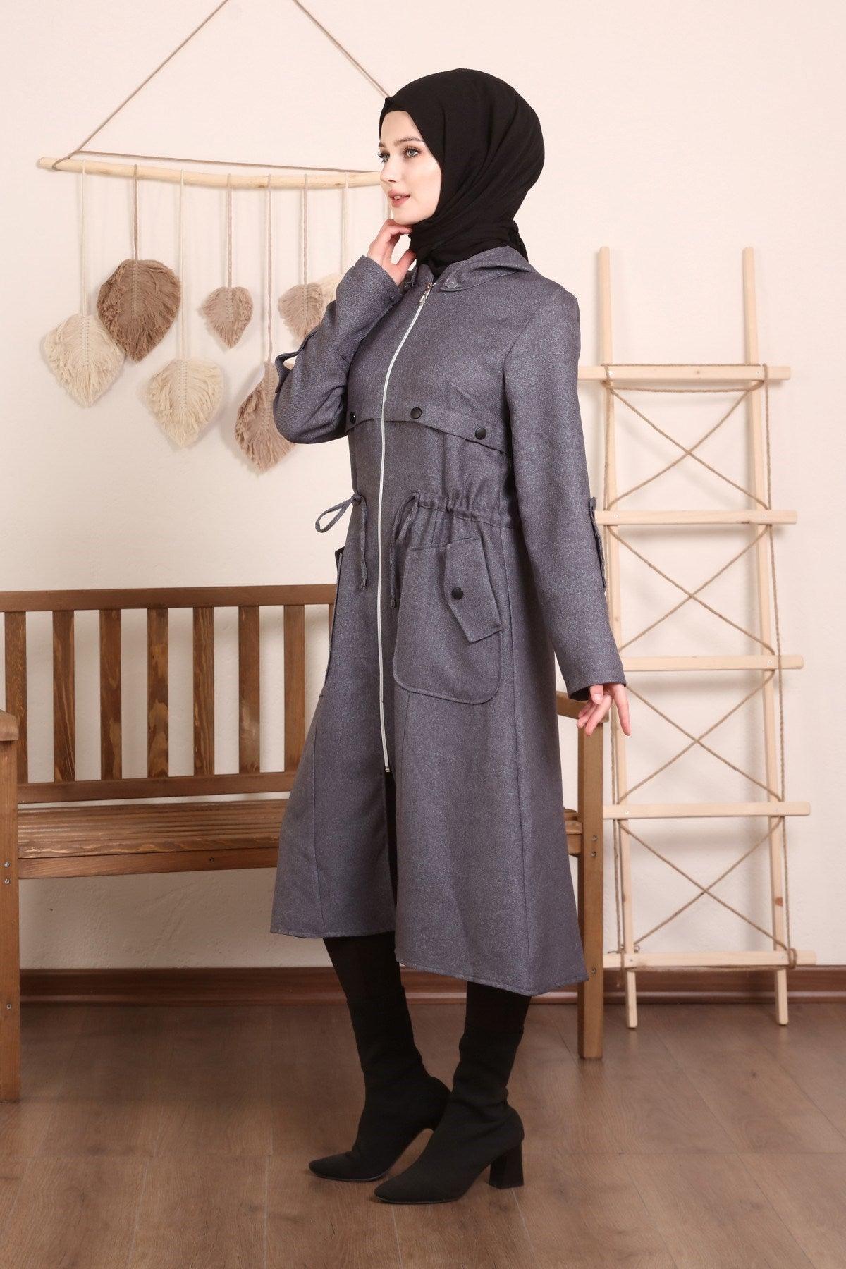 Kapşonlu Ve Kulgözü Detaylı Kap Gri | 9012-24